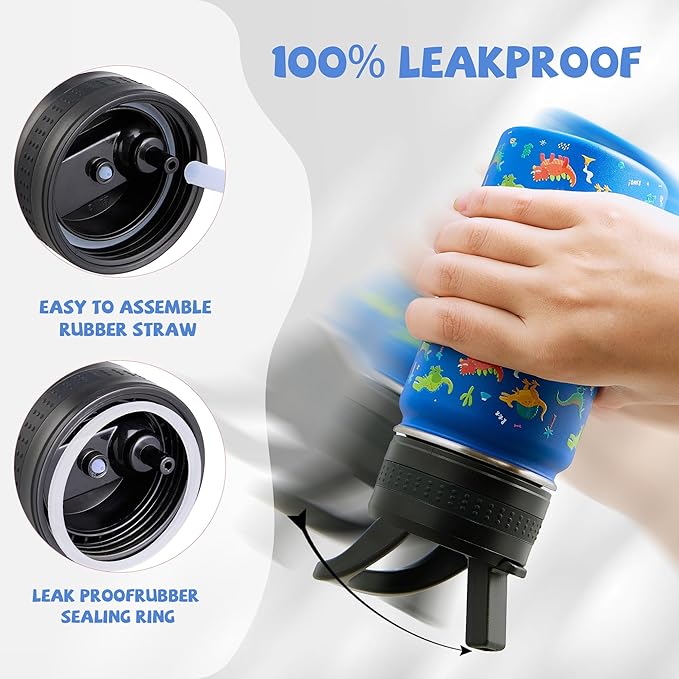 Kids Water Bottle,14oz Stainless Steel Insulated Water Tumbler Leak-Proof,School Water Mug,Small and Portable,Suitable for Boys and Girls to Use(Blue cartoon dinosaur)