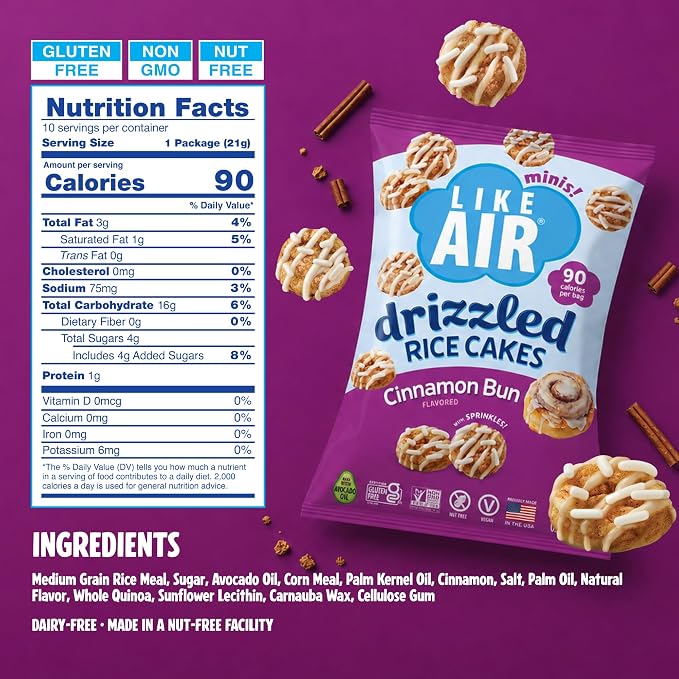 Like Air Drizzled Rice Cakes - Cinnamon Bun Snack Box (10ct) Vegan/Nut-Free | Cinnamon Bun Snack Pack (Pack of 10) - 90 Calories Per Bag, Gluten Free Snacks For Kids, Kosher