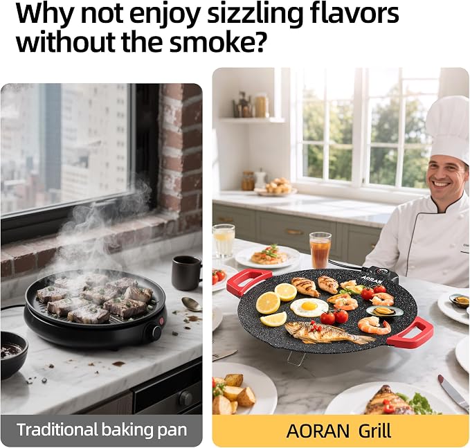 AORAN Indoor Grill Electric Smokeless Set – Nonstick Electric Griddle for Indoor Use, Compact & Versatile Cooking for Steaks, Pancakes & BBQ, Includes Silicone Spatula, Oil Brush & Food Tongs