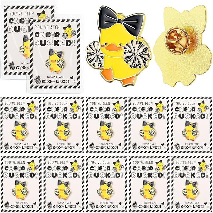 Quelay 24 Pack Cheer Team Gifts Bulk Cheerleader Duck Pins Brooches You've Been Cheer Ducked Tags Team Inspirational Gift Accessories for Teammates