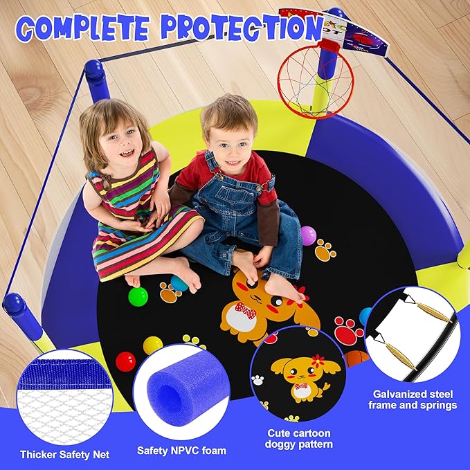 VGMiu 60" Trampoline for Kids, 5 FT Indoor & Outdoor Toddler Baby Trampoline with Basketball Hoop, Safety Enclosure, Birthday Gifts for Kids, Gifts for Boy and Girl, Age 3-8
