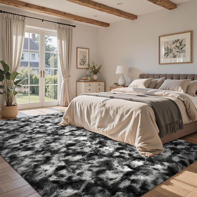 4x6 Area Rugs for Bedroom, Black Plush Fluffy Shaggy Living Room Rugs Non-Slip, Ultra Soft Carpet for Nursery Kids PlayRoom Dorm Office Indoor