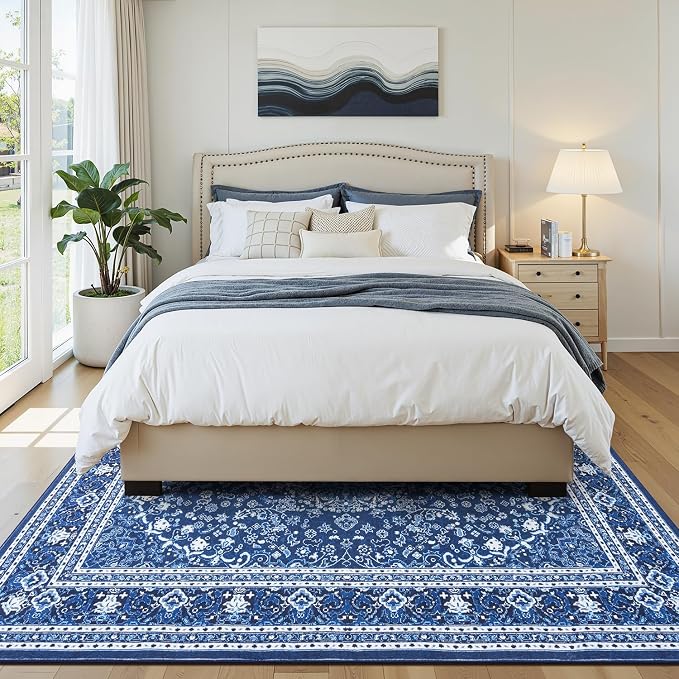 6x9 Area Rugs for Living Room, Washable Non-Slip Rug, Oriental Dark Blue | Area Rugs for Bedroom, Low Pile Large Carpets for Dining Room, Office, Indoor, Stain Resistant Vintage Oriental Print Rug