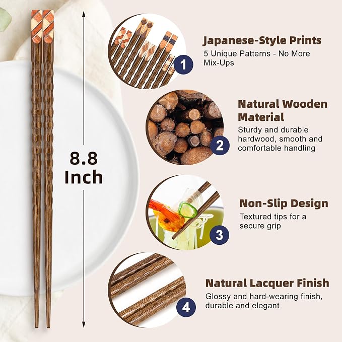 Antner 5 Pairs Wooden Chopsticks Reusable Classic Japanese Style Chop Sticks Dishwasher Safe Hand-Carved Hardwood Chopsticks for Sushi, Ramen, Hot Pot and Asian Cuisine, 8.8 Inch/22.5cm Gift Set