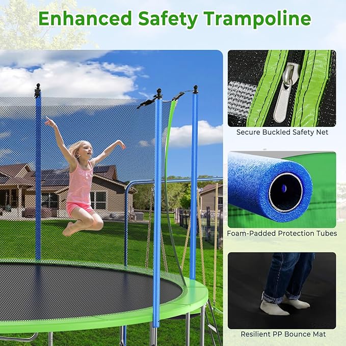 Lyromix 12-14FT Trampoline With Slide, Swings, Basketball Hoop and Ladder - ASTM Approved Outdoor Backyard Recreational Equipment With Net, Capacity for 5-7 Kids and Adults