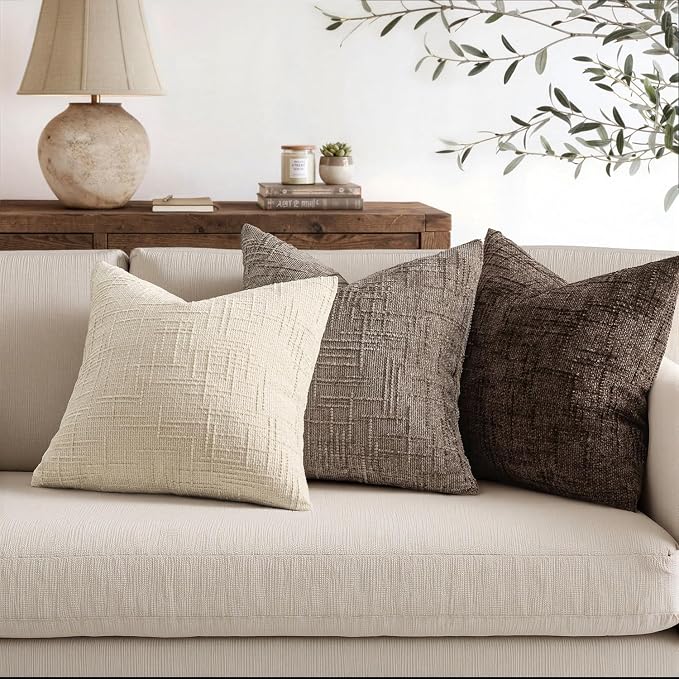 MIULEE Chenille Textured Throw Pillow Covers Taupe Grey 16x16 Set of 2 | Slubby Decorative Pillows, Fall Boho Farmhouse Home Decor, Modern Neutral Cushion Covers for Couch Sofa Bed Living Room