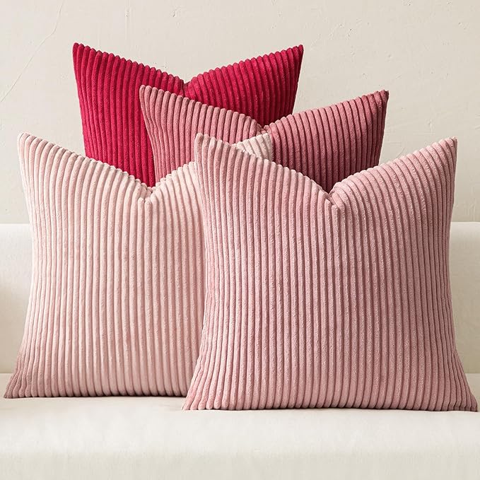 MIULEE Soft Corduroy Decorative Throw Pillow Covers Pink Series 20x20 | Set of 4, Shabby Chic Romantic Decor, Warm Red Pink Palette, Boho Farmhouse Cushion Covers for Couch Bed Sofa Living Room