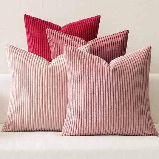 MIULEE Soft Corduroy Decorative Throw Pillow Covers Pink Series 20x20 | Set of 4, Shabby Chic Romantic Decor, Warm Red Pink Palette, Boho Farmhouse Cushion Covers for Couch Bed Sofa Living Room