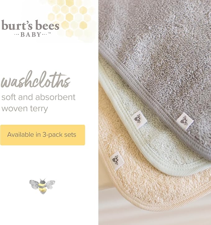 Burt's Bees Baby Washcloths for Infants, 100% Organic Cotton, Soft and Absorbent Knit Terry Face Towel, 9 x 9 in, 3-Pack