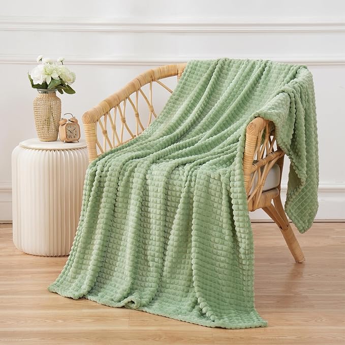 Puncuntex Fleece Throw Blanket Sage Green 60"×80" with Square Grid Design | Super Soft Plush Cozy Flannel Throw Blanket Luxury for Couch Sofa Chair