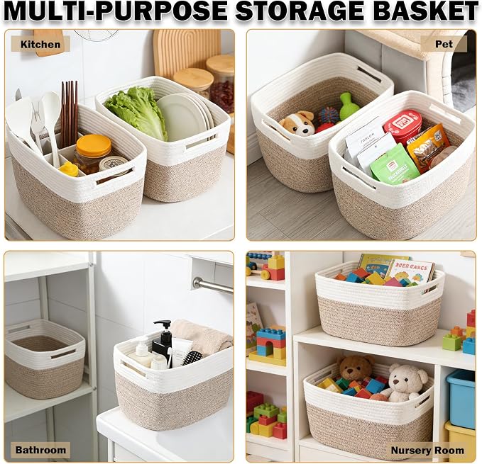 6 Pack Woven Rope Baskets, 12.6"×9"×7.8" Storage Bins, White&Brown | Storage Boxes for Toys, Books, Towels, Clothes, Shelf Baskets Organizer,Empty Gift Baskets for Living Room, Bathroom, Bedroom