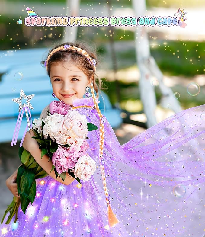 Light up Princess Dress up Clothes for Little Girl, Unicorn Princess Cape Princess Dresses Crown Toy for 3 4 5 6 Girls