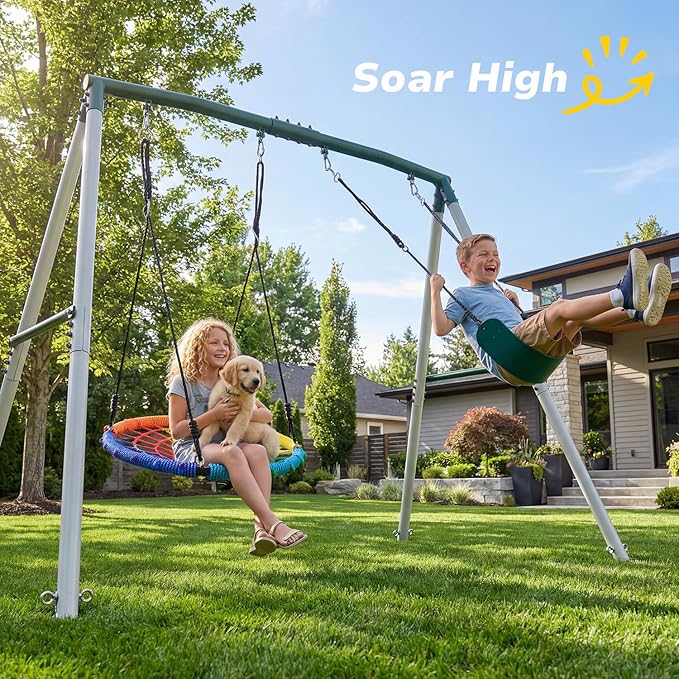 Hapfan 7.5ft Tall Swing Sets for Backyard, 500lbs Heavy Duty Metal Swing Set for Kids and Adults with Spider Swing and Belt Swing, A-Frame Outdoor Swingset Play Equipment (Green and White)