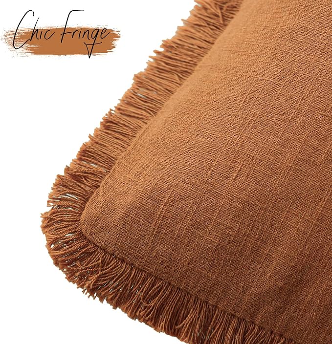 Foindtower Set of 2 Decorative Linen Fringe Lumbar Throw Pillow Covers Boho Farmhouse Cushion Cover with Tassels Soft Accent Pillowcase for Couch Sofa Bed Living Room Home Decor,12×20 Inch,Orange
