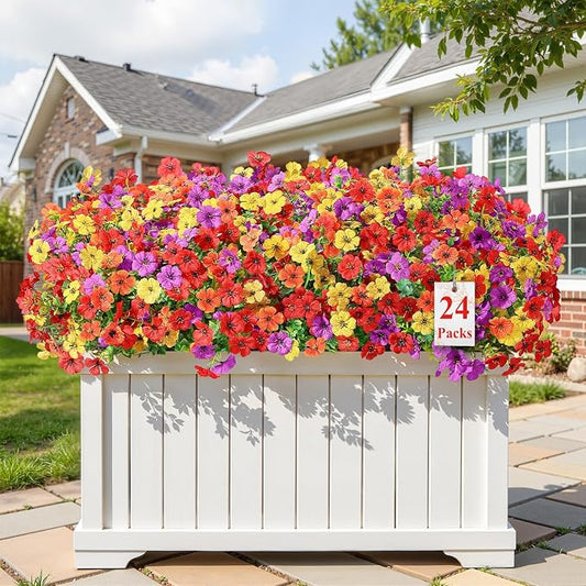 Alupssuc 24 Bundles Artificial Daisy Flowers UV Resistant for Outdoor Decor | Silk & Plastic, Spring Faux Plants Greenery, Bendable Stems, for Porch Patio Hanging Window Planter Yard Outside, 4 Colors
