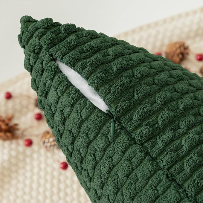 Kevin Textile Soft Corduroy 14"x24" Lumbar Pillow Cover 1 Pack, Dark Green | Boho Stripe Plush Corduroy Decorative Oblong Cushion Cover Modern Farmhouse Home Decor for Sofa Couch Bed Chair