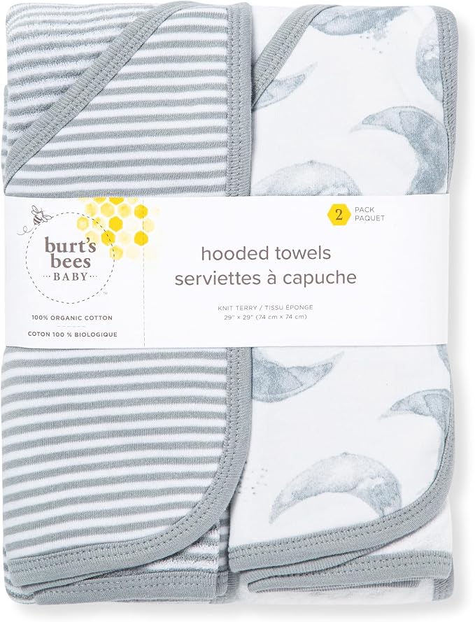 Burt's Bees Baby Infant Hooded Towels, Organic Cotton, Unisex Bath Essentials, Nursery Towel with Hood Set, 29 x 29 in, 2-Pack