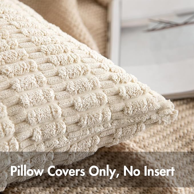 MIULEE Corduroy Decorative Throw Pillow Covers 18x18 Cream White Pack of 2 | Soft Boho Striped Pillow Covers Modern Farmhouse Home Decor For Sofa Living Room Couch Bed
