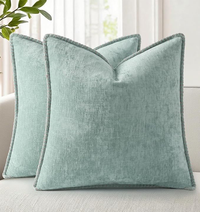 decorUhome Soft Chenille Throw Pillow Covers 12x12 Set of 2 Aqua Haze | Fall Textured Decorative Throw Pillow Cases Stitched Edge Modern Farmhouse Luxury Boho Velvet for Couch Sofa Bed Home Decor