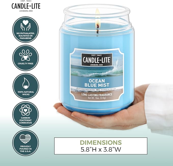 CANDLE-LITE Scented Ocean Blue Mist Fragrance, One 18 oz. Single-Wick Aromatherapy Candle with 110 Hours of Burn Time, Light Color (Individual Box) (Pack of 2)