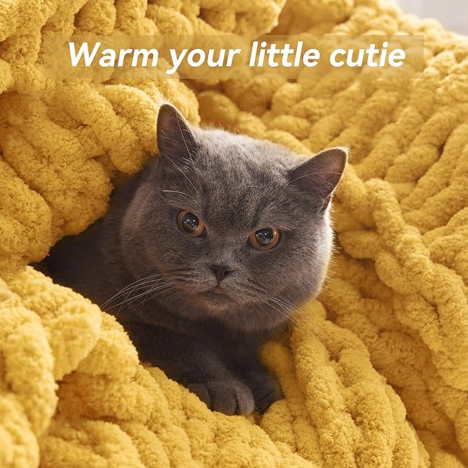 Negwoo Chunky Knit Throw Blanket, Knitted Throw Chenille Yarn, 60"*80" | Soft Thick Cable Knitted Blankets, Handmade Big Thick Blanket, Machine Washable Cute Comfy Blanket for Home Decor, Yellow