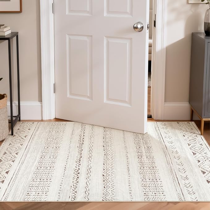 cotiled 3x5 Area Rugs Living Room Rug: Washable Boho Rugs with Non Slip Backing Small Soft Indoor Stain Resistant Carpet for Bedroom Farmhouse Dining Room Lightweight Home Decor L Brown/Cream