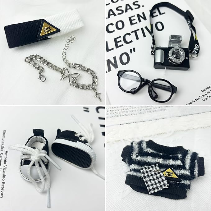 17cm Doll Clothes 6 PCs Accessories Outfits Black Shoes Sweater Glasses Hairband Camera Necklace Clothing Set for Keychain,No Doll(Black)