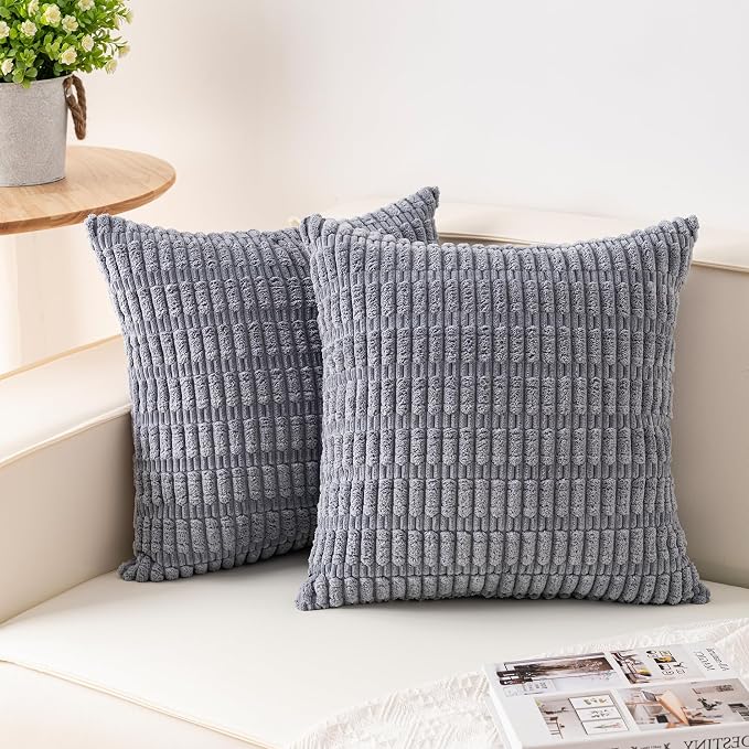 Pack of 2 Corduroy Decorative Throw Pillow Covers 24x24 Inch, Light Grey | Fall Soft Striped Pillow Covers Modern Farmhouse Home Decor Christmas Throw Pillow Covers for Sofa Living Room Couch Bed