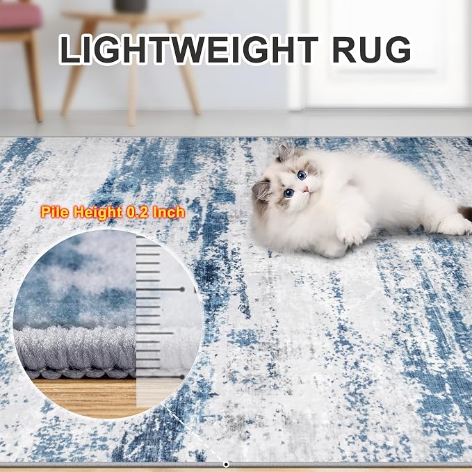 8x10 Area Rugs for Living Room - Washable Rug Modern Abstract Soft Large Neutral Non-Slip Carpet Indoor Floor Thin Carpets for Bedroom Dining Room Farmhouse Nursery Home Office White Blue Grey