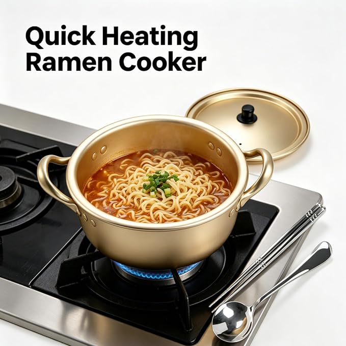Korean Ramen Pot, Double Handle Soup Stockpot with Lid & Even Heat Design | Stovetop compatible single serving pot、Sealed lid for soup & ramen cooking、Portable kitchenware for dorm & household users