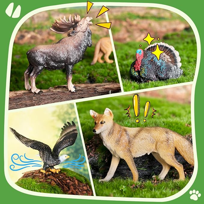 Toymany 14PCS Mini North American Forest Animals Figurines, Realistic Jungle Animal Toys Includes Elk Pronghorn Leopard Gey Fox for Kids Adults Toddlers