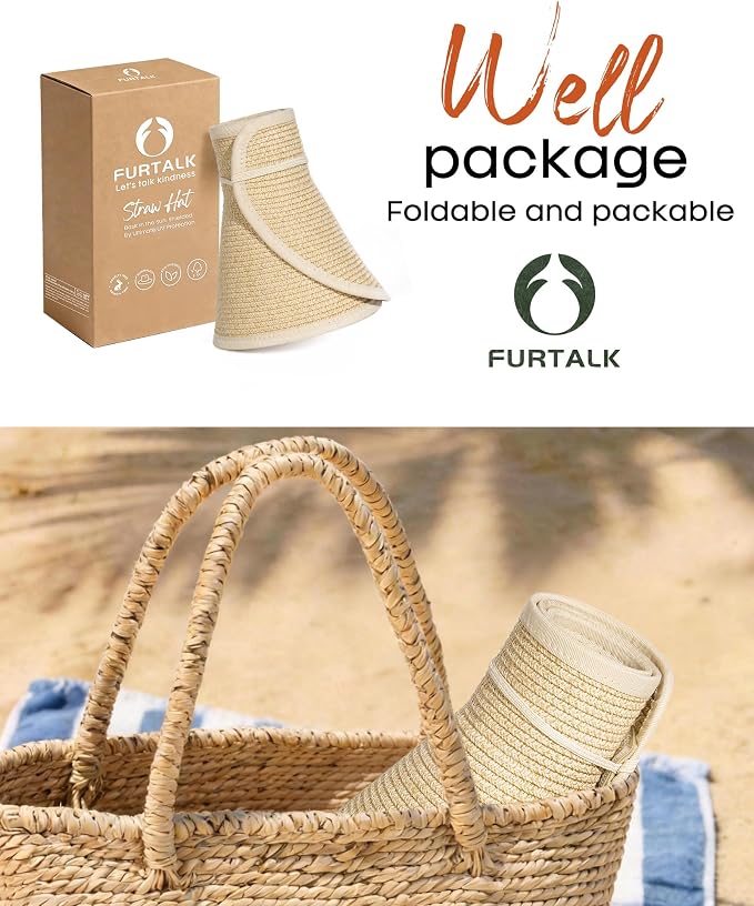 FURTALK Womens Sun Hat with Ponytail Hole Wide Brim Beach Straw Visor | Foldable & Packable for Beach Vacations, Adjustable Fit for Messy Buns, Detachable Windproof Strap, Sweat-Wicking Inner Band