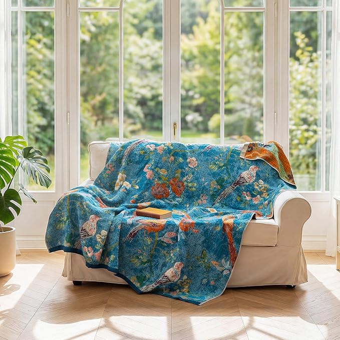LUTBM Boho Throw Blanket for Couch 50"x60", Cotton Decorative Bed Throw | Blue Reversible Floral Birds Embroidery, All-Season Lightweight Breathable Blankets, For Chair Sofa Bedroom Living Room Decor