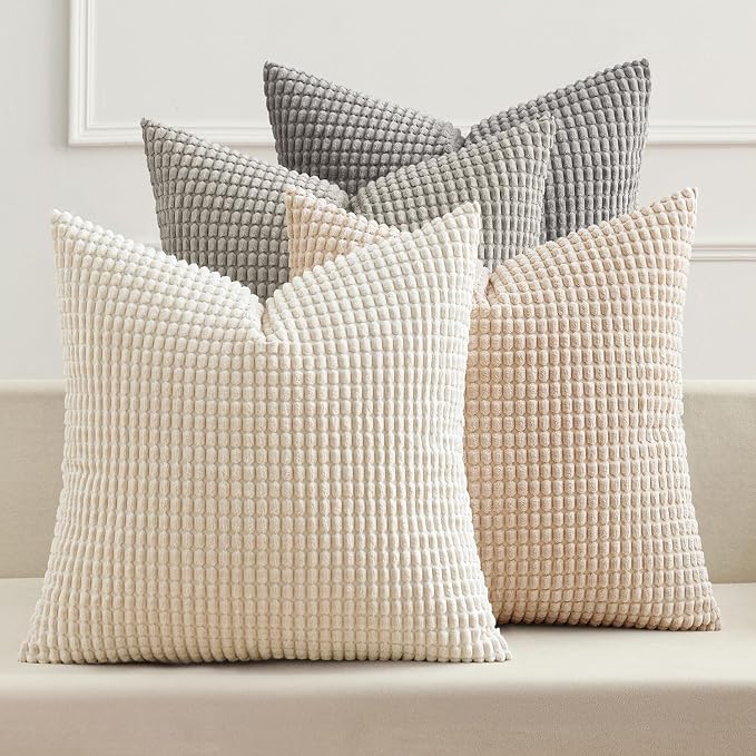 MIULEE Boho Farmhouse Decorative Pillow Covers 20x20 Inch Set of 4 Neutral | Rustic Modern Neutral Home Decor, Couch Throw Pillows, Corduroy Pillowcases for Sofa Living Room Bed