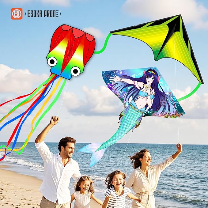 Kites for Adults & Kids Ages 4-8,Beach Kites Easy to Fly for Beginner, with Handle and 328ft Kite String，Best Toy and Gift for Boys & Girls. (Blue Haired Mermaid+Grassland+Octopus, 3)