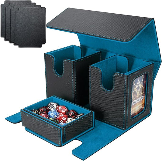 AFIING MTG Commander Card Storage Box - Fits 200 Double Sleeved Cards,3-in-1Card Deck Case,Strong Magnet Card Organizer For Magic Commander TCG CCG,4Dividers &2 Toploaders, Black/Cyan