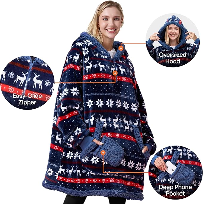 Giggling Getup Wearable Blanket Hoodie for Adults Gifts for Teen Girls Sister Women Sherpa Fleece Printed Hooded Blanket Sweatshirt Warm Cozy with Pocket & Sleeves Blue Christmas Nordic