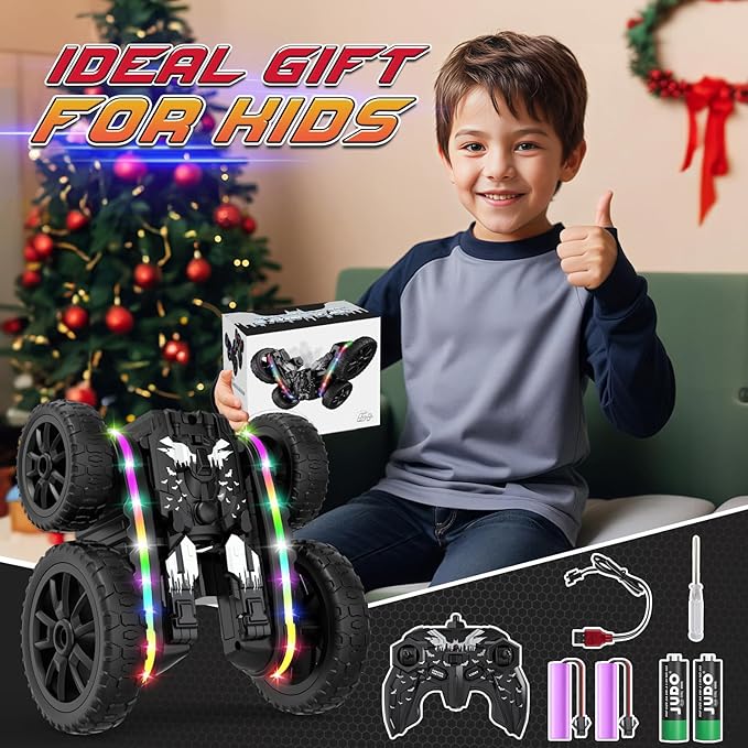 Jimdella RC Cars Toys, 2-in-1 Remote Control Car Transform 4WD with Spray & LED Lights, 2.4GHz Off-Road Stunt Truck for 360° Flips Gift for Boys Age 8-12 (Black)