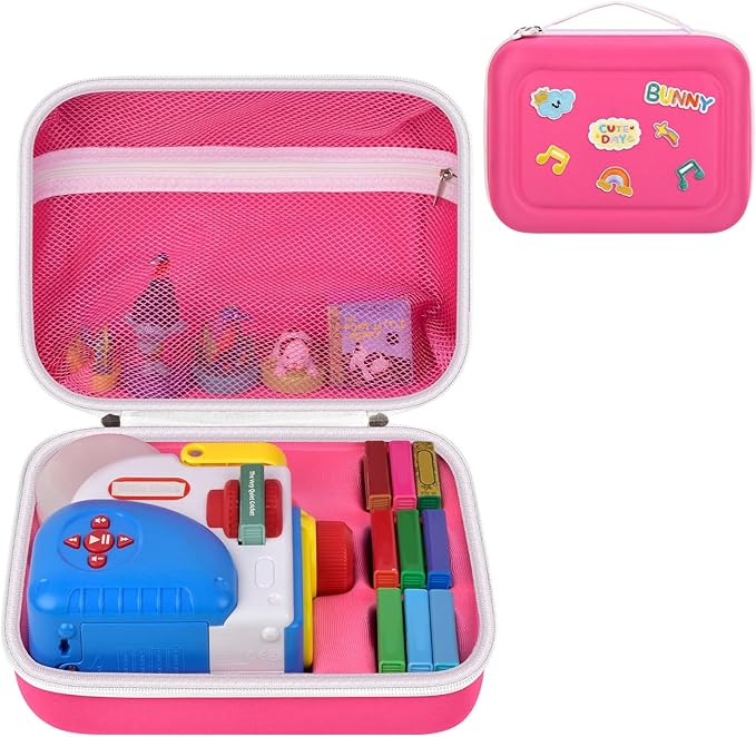 Case Compatible with Little Tikes Story Dream Machine Starter Set, Toys Storage Bag with 5 DIY Embroidery Patches, Organizer for Projector Storytime Books and Audio Character- Pink Letters (Box Only)