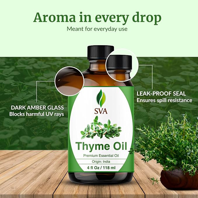 SVA Thyme Essential Oil 4 Fl Oz – for Diffuser, Skin & Hair Care – Ideal for Massage & DIY Blends – with Dropper