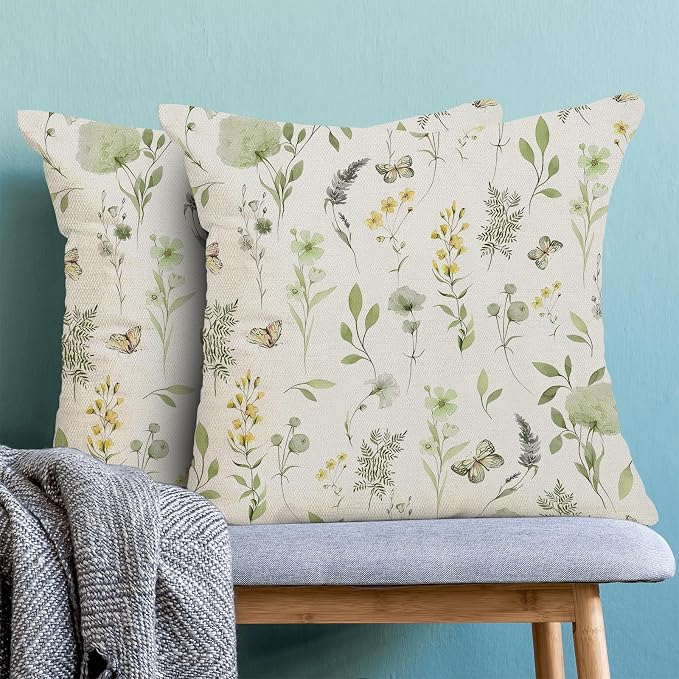 AEIOAE Spring Pillow Covers 22x22 Inch Set of 2, Sage Green Yellow Wild Flower Throw Pillows Case,Colorful Seasonal Floral Plant Outdoor Decorative Farmhouse Decor Cushion Covers for Sofa Bed Couch