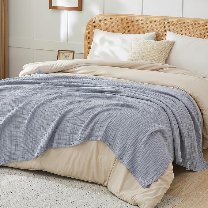EMME Muslin Blankets for Adults Throw Blanket for Couch Breathable Gauze Soft Lightweight Airy Dusty Blue Throw 50" x 60"