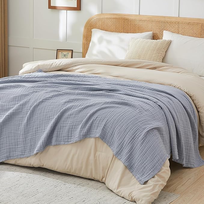 EMME Muslin Blankets for Adults Throw Blanket for Couch Breathable Gauze Soft Lightweight Airy Dusty Blue Twin XL 66" x 90"