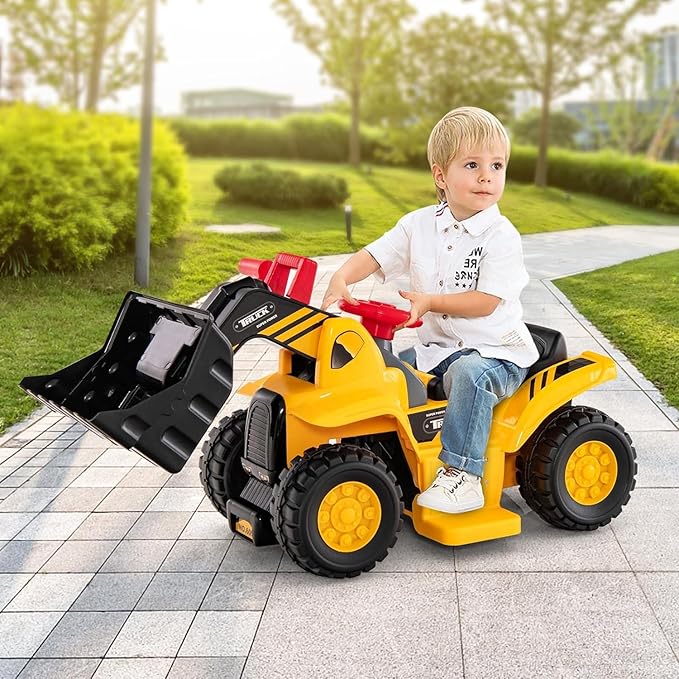 Costzon 2-in-1 Ride on Excavator Bulldozer, 6V Electric Excavator Ride on Toy with 3 Balls & Basketball Hoop, Adjustable Bucket, Ride on Construction Vehicles for Kids, Push Car Gift for Boys Girls