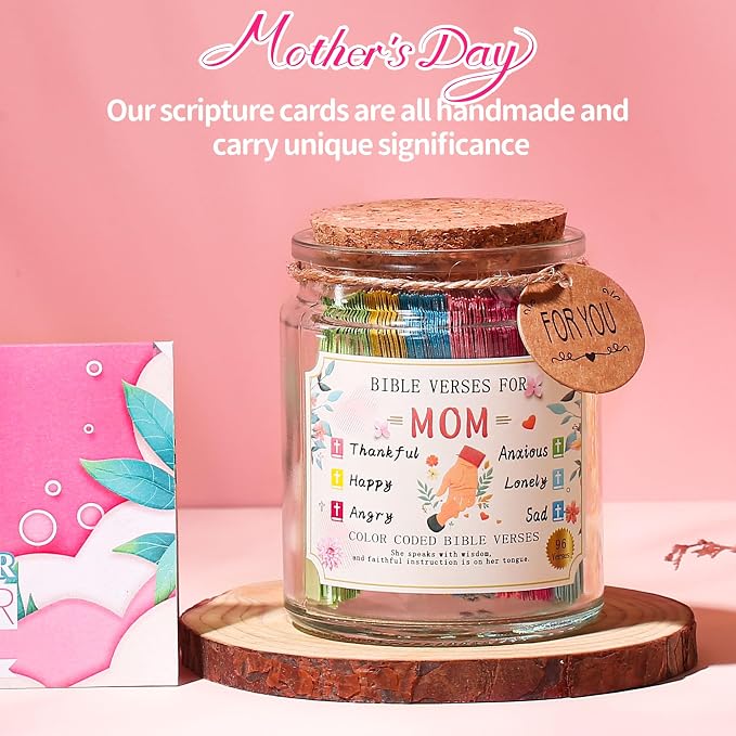 Bible Verse Jar for Mom, Bible Verses in A Jar for Emotional Support and Inspiration,Birthday & Mothers Day Gift for Mom,Christian Gift for Women, Prayer Cards With a Ribbon & Greeting Card
