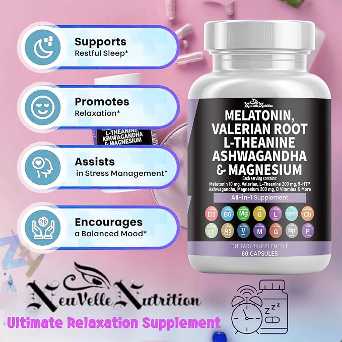 Melatonin Capsules with Valerian Root, Ashwagandha, L-Theanine, Magnesium, 5-HTP, GABA, Chamomile, Lemon Balm, Passion Flower, Griffonia Extract, Vitamin C & L-Glycine Supplement