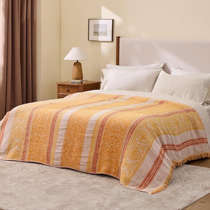 100% Cotton Boho Throw Blanket for Home Decor – Classic Farmhouse Quilt Bedding, Muslin Blankets for Adults, Vintage Woven Decorative Blanket for Couch, Bed Layering Use, Bohemian Stripe, 104"x90"