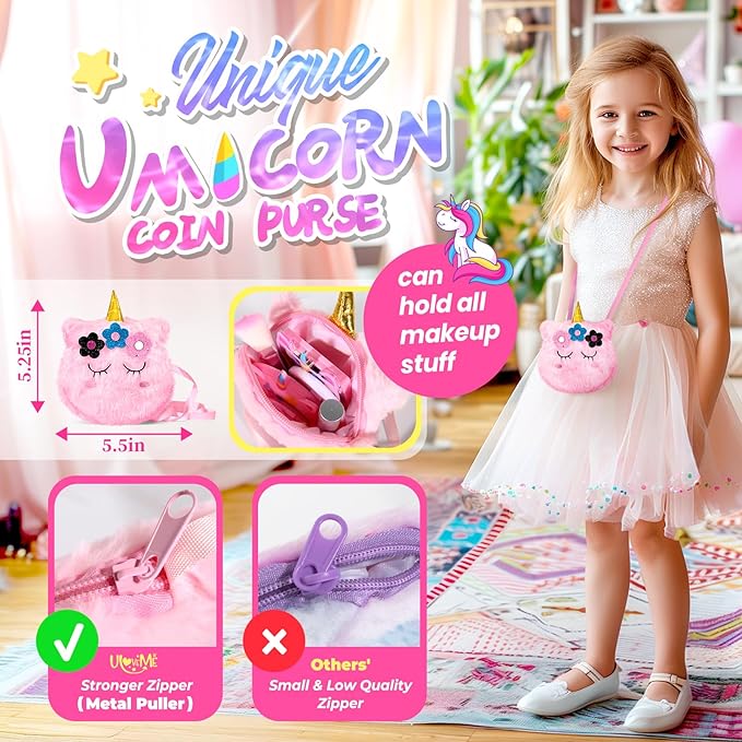 ULOVEME Kids Washable Makeup Kit for Girls 4-6 with Small Coin Purse(5.5x5.25in) - Real, Non Toxic Make Up Toy Gift- Umicorn Gift Set (Pink Coin Purse)