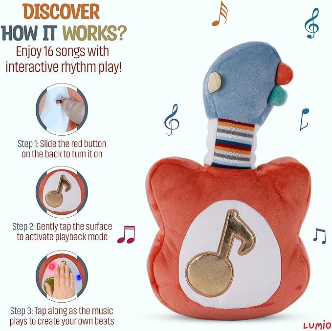 Lumio Interactive Musical Plush Toy with Lights and Sounds - Sensory Toy for 3 6 9 12-18 Months and up, Perfect for Tummy Time Rhythm Learning (Guitar) (Guitar)