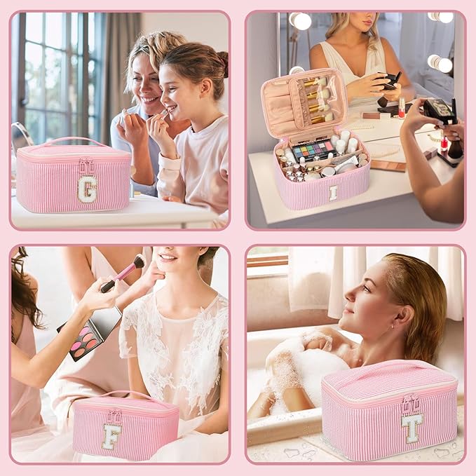 OCHEAL Makeup Bag Valentines Day Gifts for Women, Monogram Cosmetic Bag Pink Travel Makeup Case Beauty Toiletry Bag Organizer Personalized Gifts for Girls Bridesmaid, Sister, Wife, Friends Initial F